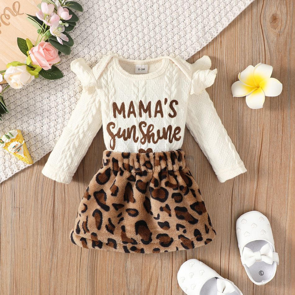 2pcs Baby Girl Letter Embroidered Ruffle Long-sleeve Textured Romper and Leopard Fuzzy Skirt Set Beige big image 3