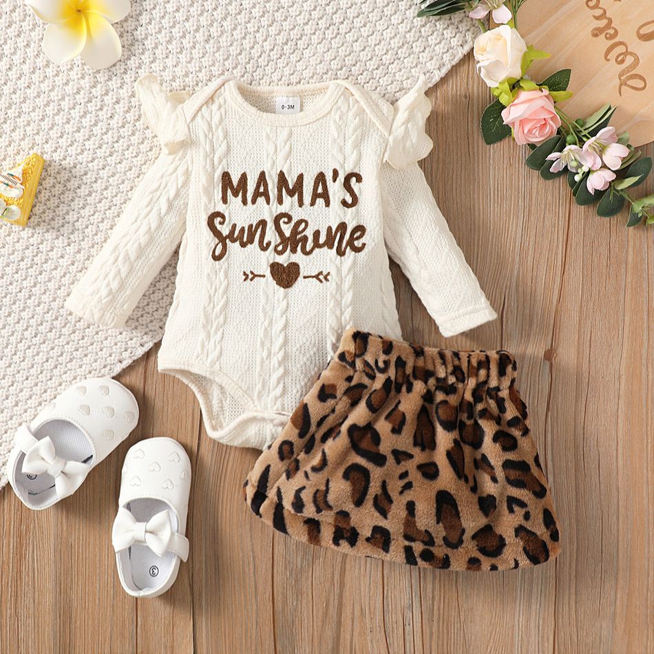 2pcs Baby Girl Letter Embroidered Ruffle Long-sleeve Textured Romper and Leopard Fuzzy Skirt Set Beige