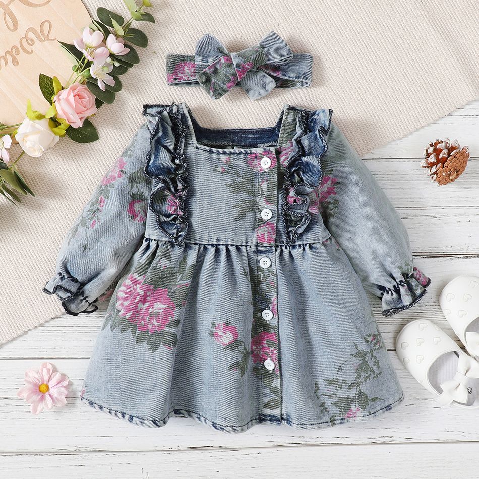 100% Cotton 2pcs Baby Girl Floral Print Square Neck Long-sleeve Ruffle Trim Denim Dress with Headband Set Blue big image 1