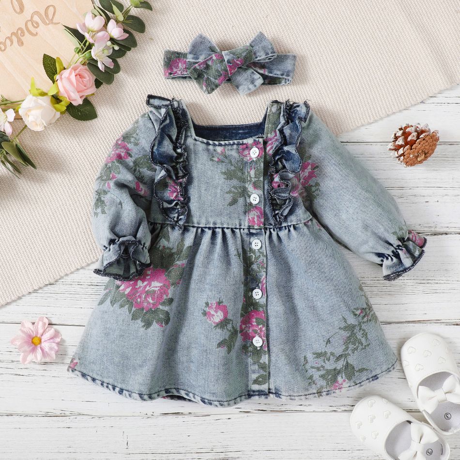 100% Cotton 2pcs Baby Girl Floral Print Square Neck Long-sleeve Ruffle Trim Denim Dress with Headband Set Blue big image 2