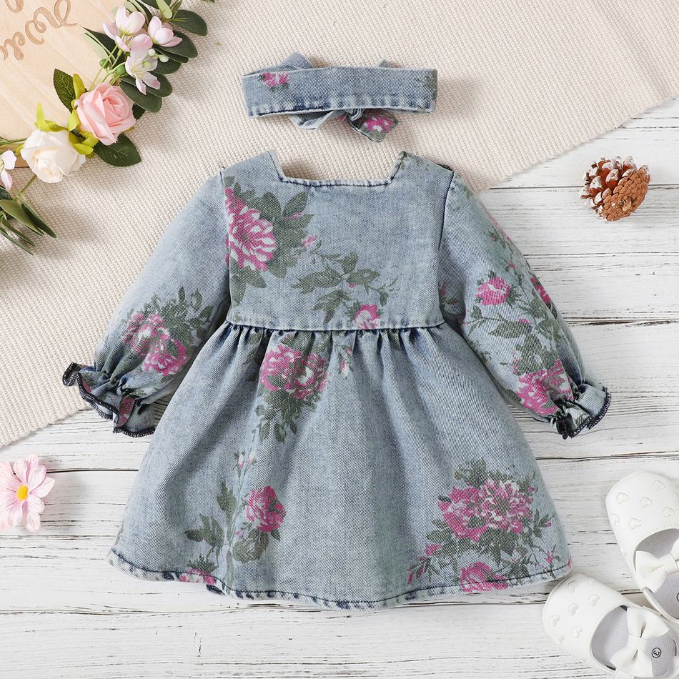 100% Cotton 2pcs Baby Girl Floral Print Square Neck Long-sleeve Ruffle Trim Denim Dress with Headband Set Blue big image 3