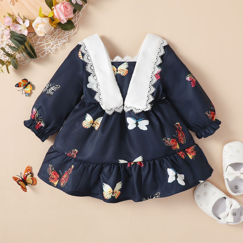 Baby Girl Contrast Lace Collar Spliced Allover Butterfly Print Long-sleeve Ruffle Hem Dress Dark Blue