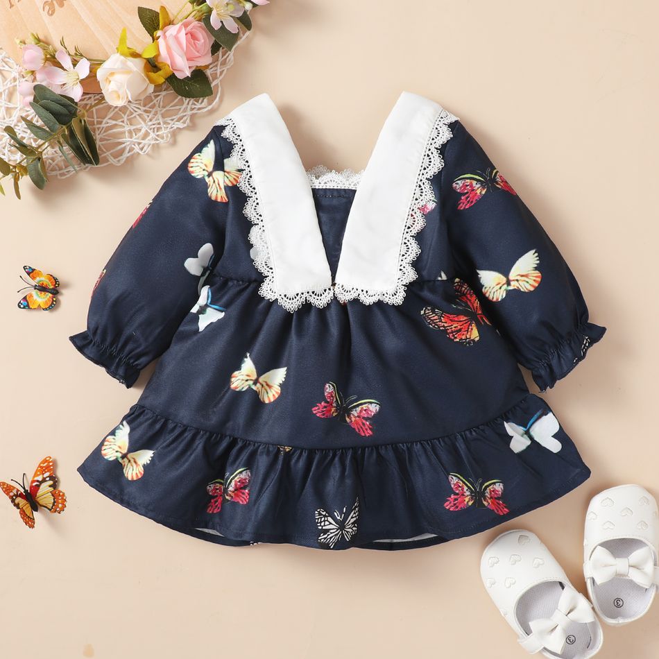 Baby Girl Contrast Lace Collar Spliced Allover Butterfly Print Long-sleeve Ruffle Hem Dress Dark Blue big image 3