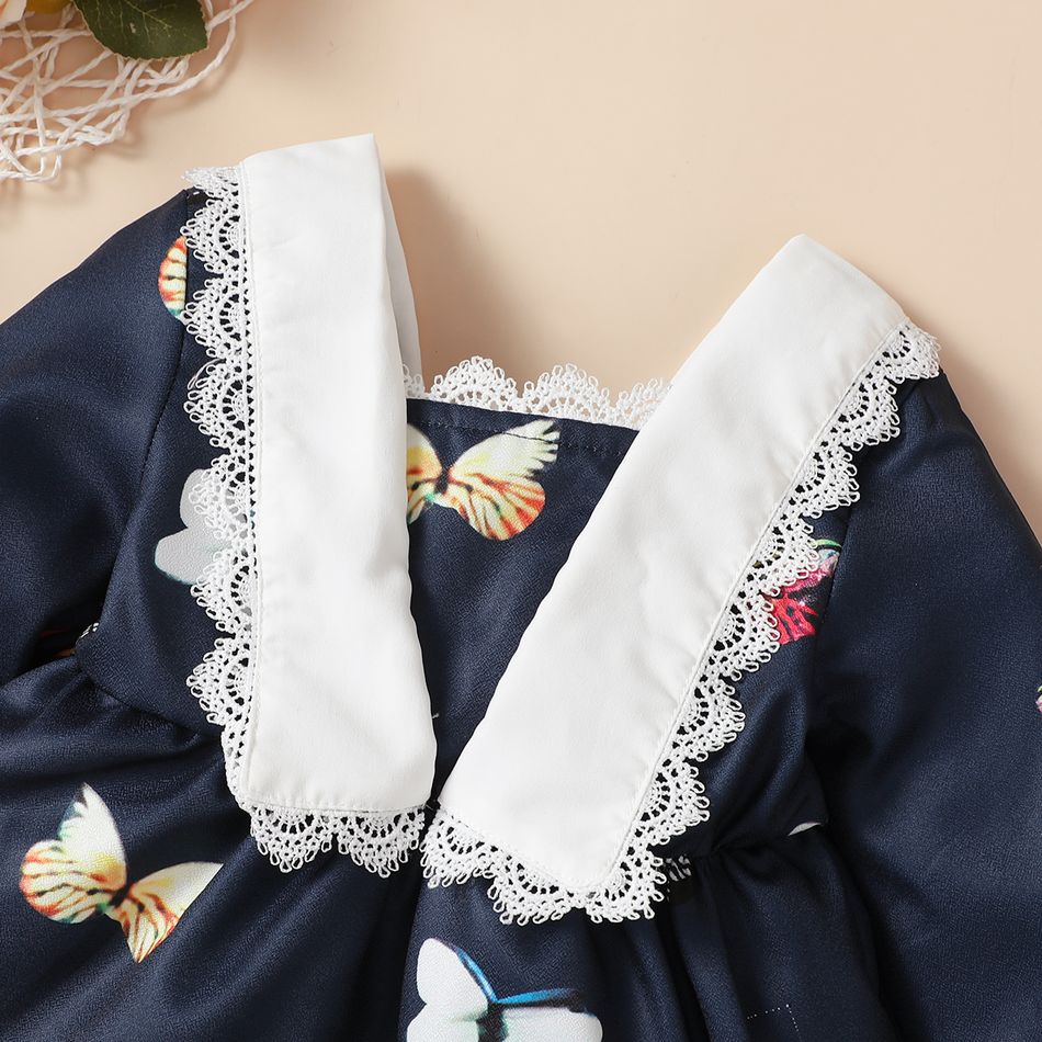Baby Girl Contrast Lace Collar Spliced Allover Butterfly Print Long-sleeve Ruffle Hem Dress Dark Blue big image 4