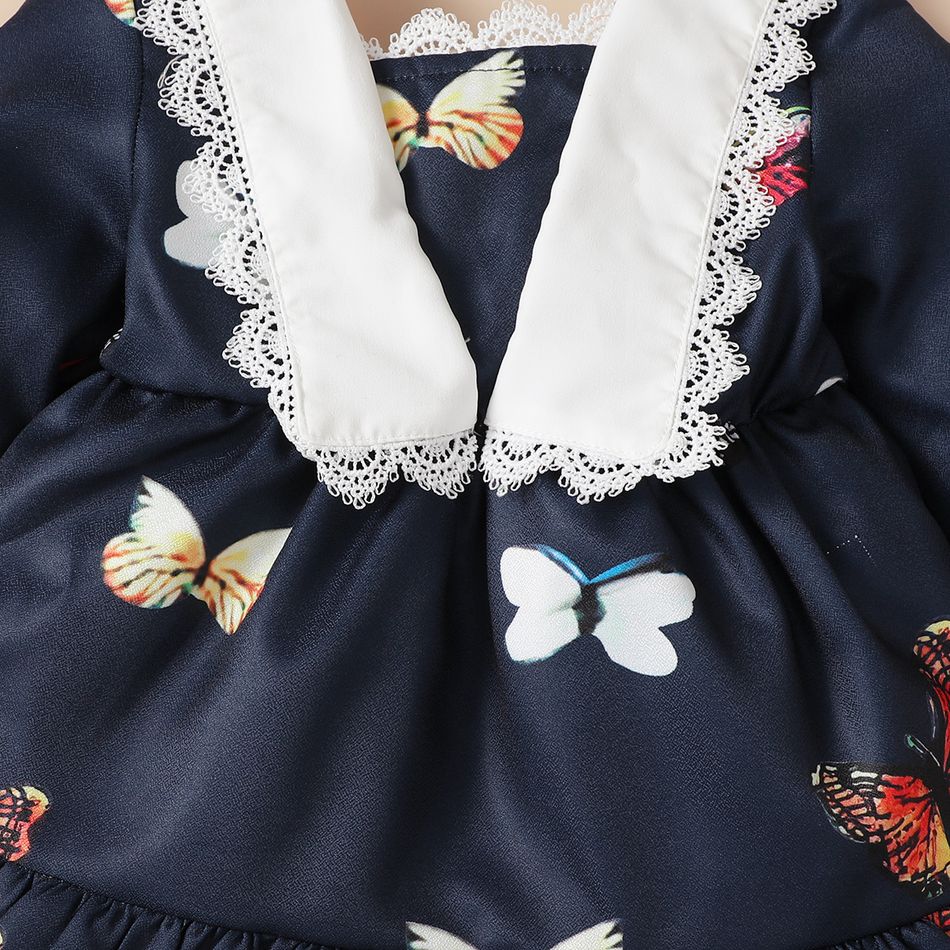 Baby Girl Contrast Lace Collar Spliced Allover Butterfly Print Long-sleeve Ruffle Hem Dress Dark Blue big image 5