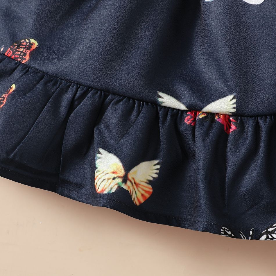 Baby Girl Contrast Lace Collar Spliced Allover Butterfly Print Long-sleeve Ruffle Hem Dress Dark Blue