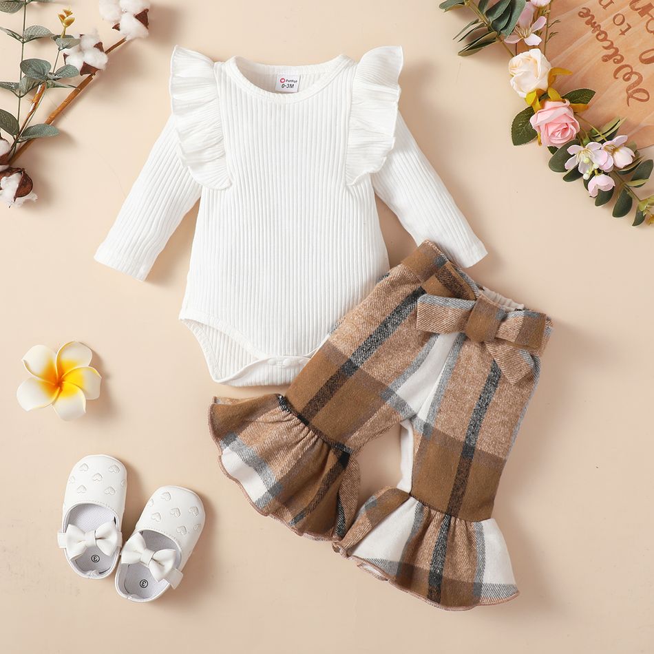 2pcs Baby Girl 95% Cotton Ribbed Ruffle Trim Long-sleeve Romper and Plaid Flared Pants Set Brown big image 1