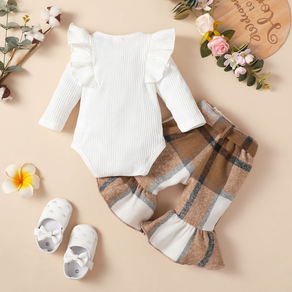 2pcs Baby Girl 95% Cotton Ribbed Ruffle Trim Long-sleeve Romper and Plaid Flared Pants Set Brown big image 2