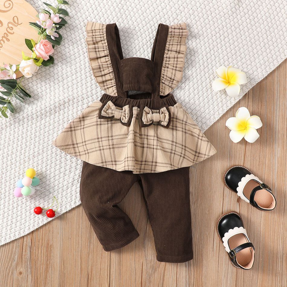 Baby Girl Bow Front Plaid Ruffle Trim Spliced Corduroy Overalls Brown big image 1