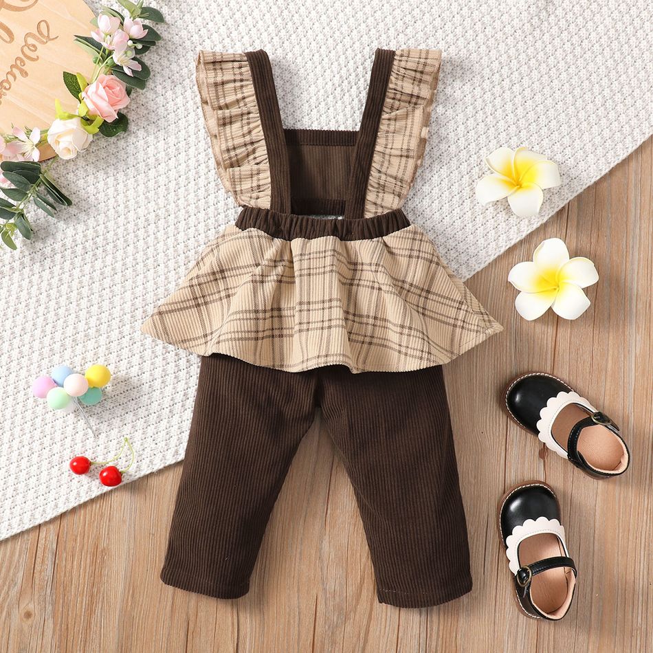 Baby Girl Bow Front Plaid Ruffle Trim Spliced Corduroy Overalls Brown big image 2