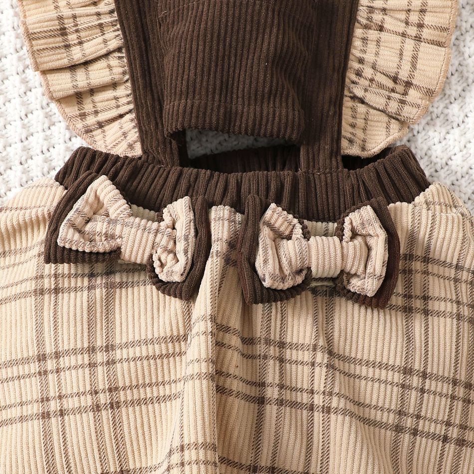 Baby Girl Bow Front Plaid Ruffle Trim Spliced Corduroy Overalls Brown