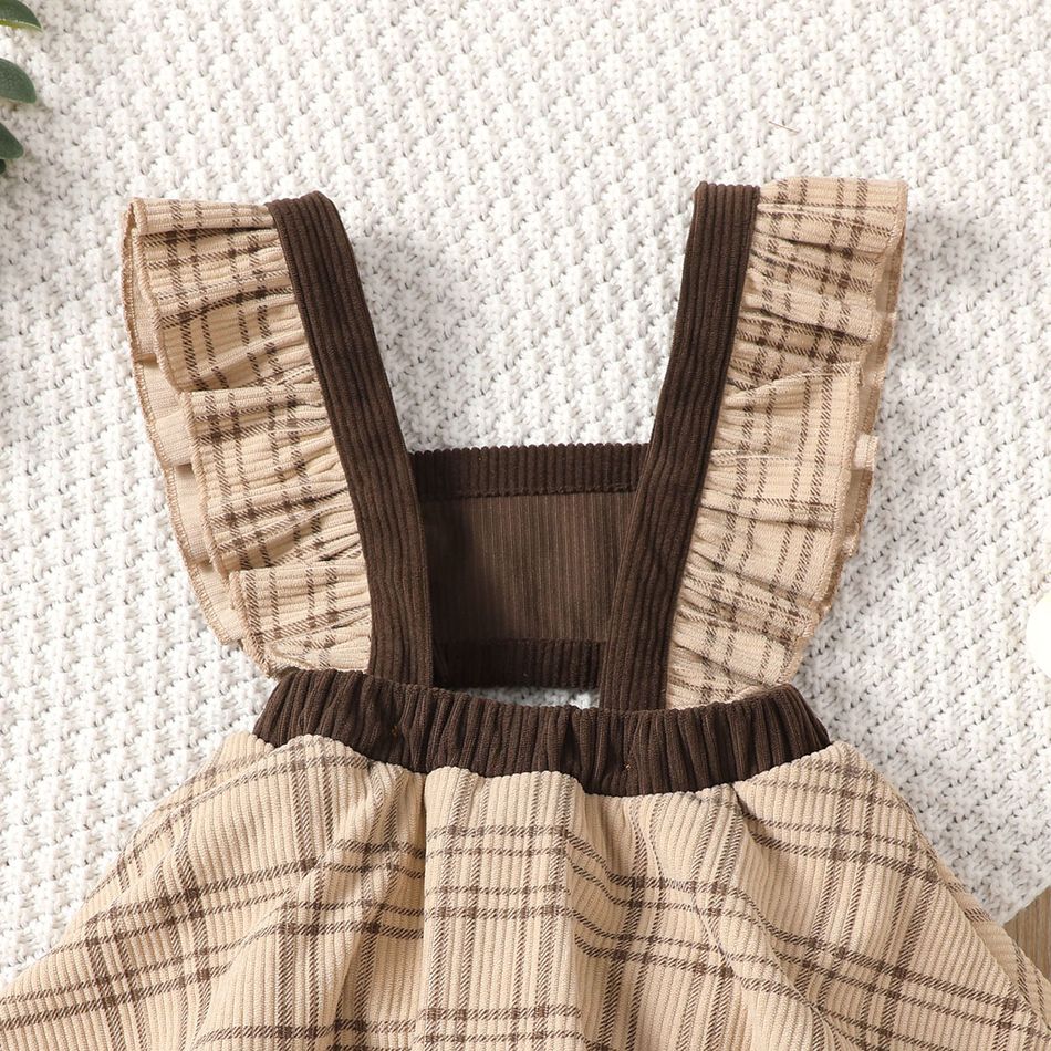 Baby Girl Bow Front Plaid Ruffle Trim Spliced Corduroy Overalls Brown big image 5