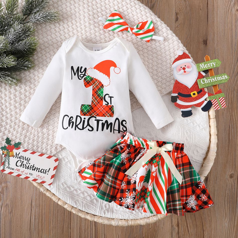 Christmas 3pcs Baby Girl 95% Cotton Long-sleeve Letter Graphic Romper and Allover Print Plaid Skirt with Headband Set Colorful big image 2