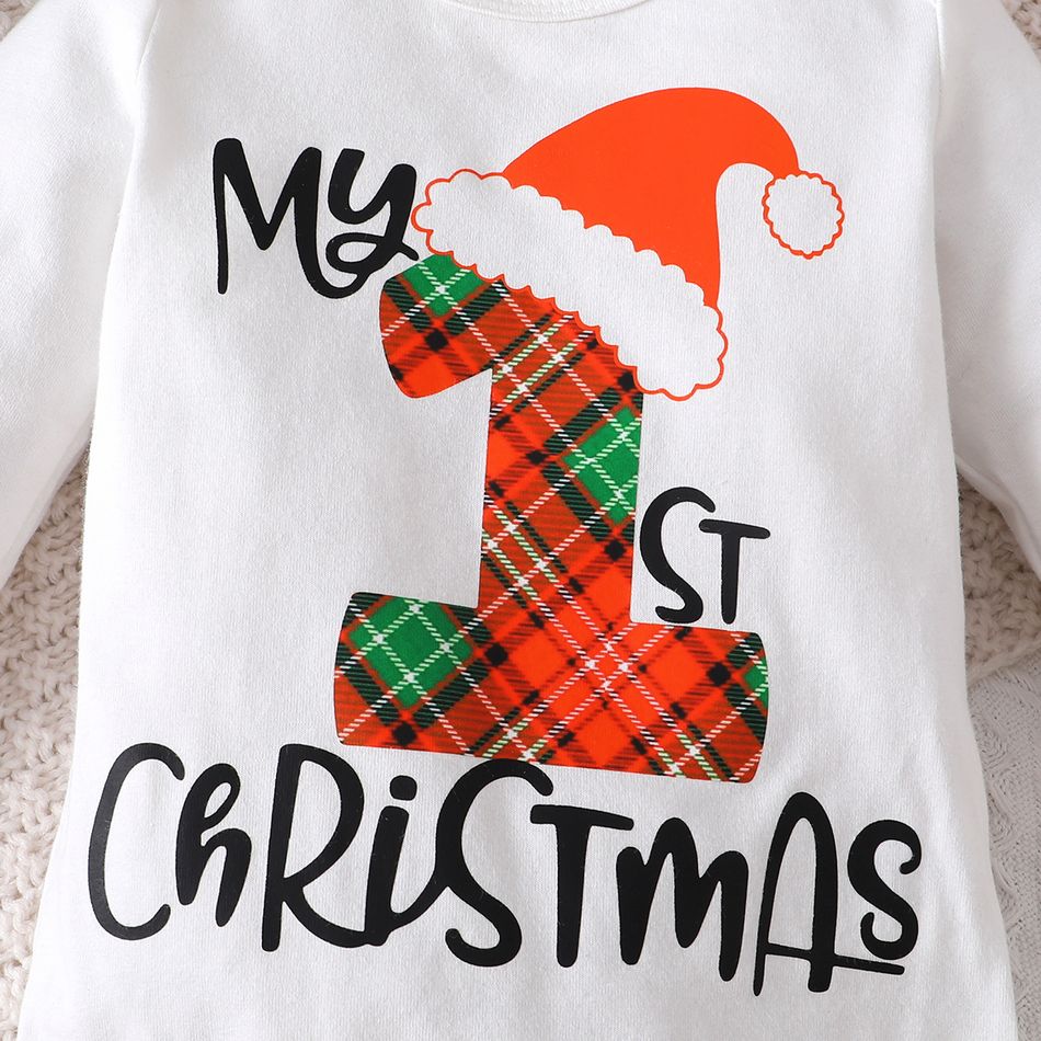 Christmas 3pcs Baby Girl 95% Cotton Long-sleeve Letter Graphic Romper and Allover Print Plaid Skirt with Headband Set Colorful big image 5
