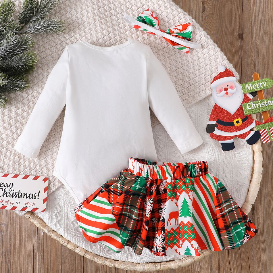 Christmas 3pcs Baby Girl 95% Cotton Long-sleeve Letter Graphic Romper and Allover Print Plaid Skirt with Headband Set Colorful big image 3