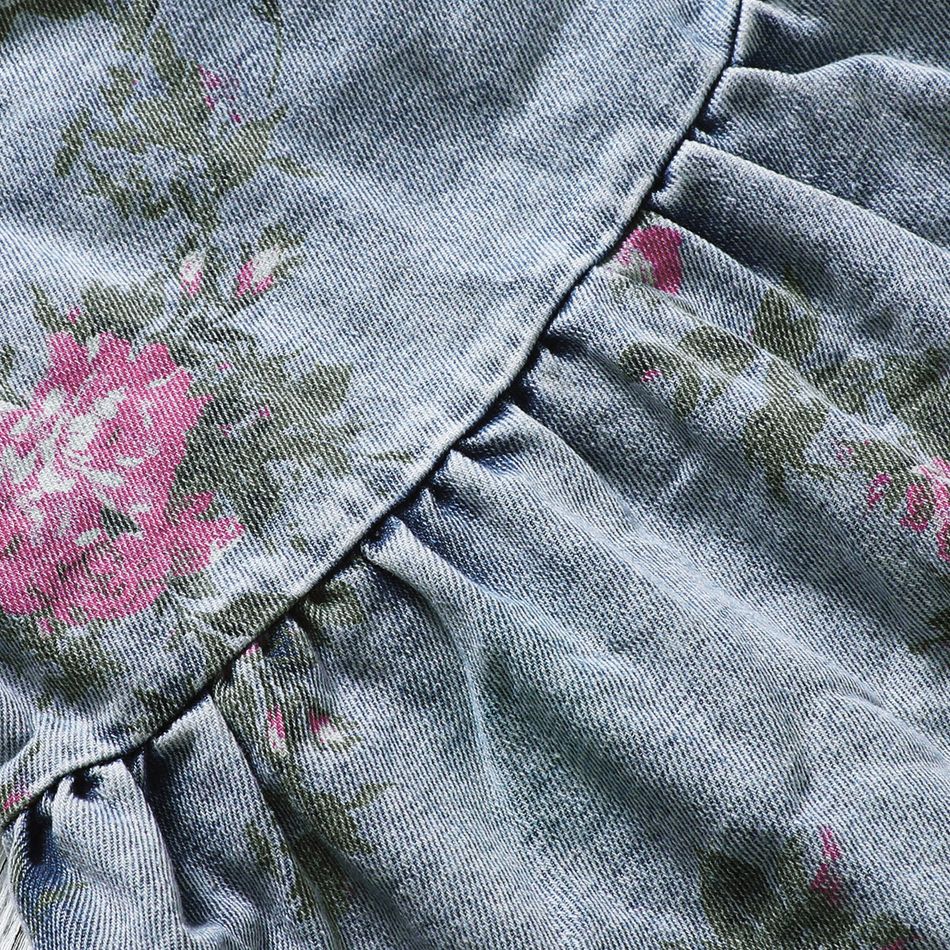 100% Cotton 2pcs Baby Girl Floral Print Square Neck Long-sleeve Ruffle Trim Denim Dress with Headband Set Blue big image 6