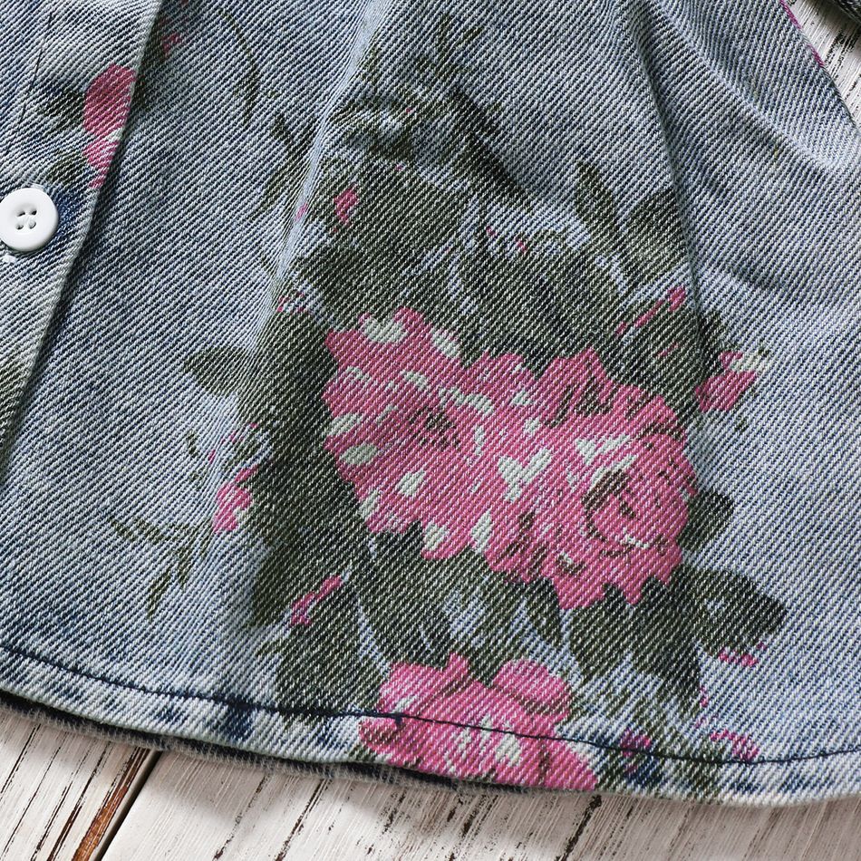 100% Cotton 2pcs Baby Girl Floral Print Square Neck Long-sleeve Ruffle Trim Denim Dress with Headband Set Blue big image 8