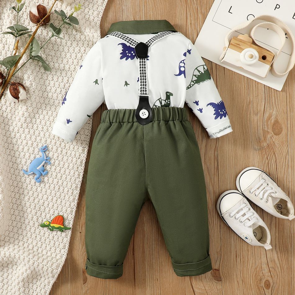2pcs Baby Boy Allover Dinosaur Print Contrast Collar Long-sleeve Top and Suspender Pants Set Green big image 2