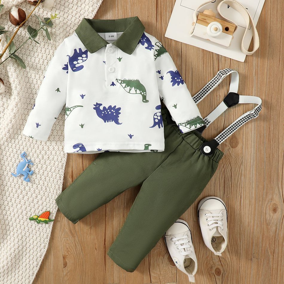 2pcs Baby Boy Allover Dinosaur Print Contrast Collar Long-sleeve Top and Suspender Pants Set Green big image 3