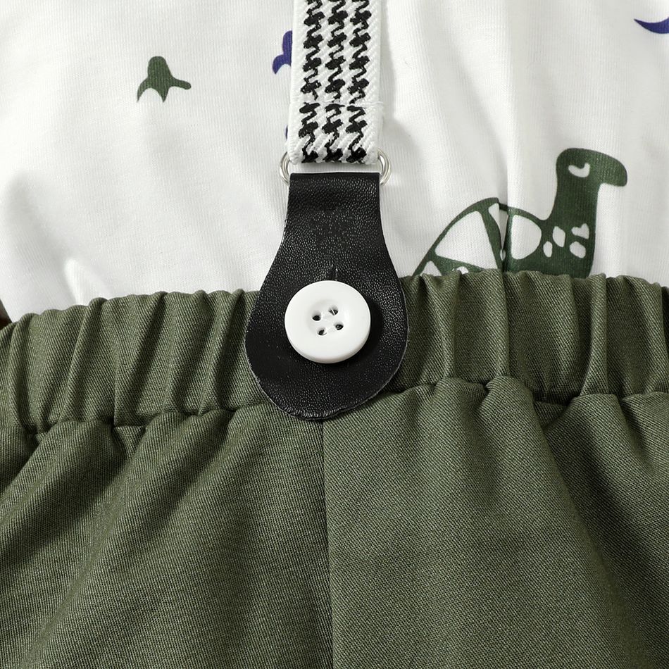 2pcs Baby Boy Allover Dinosaur Print Contrast Collar Long-sleeve Top and Suspender Pants Set Green big image 6