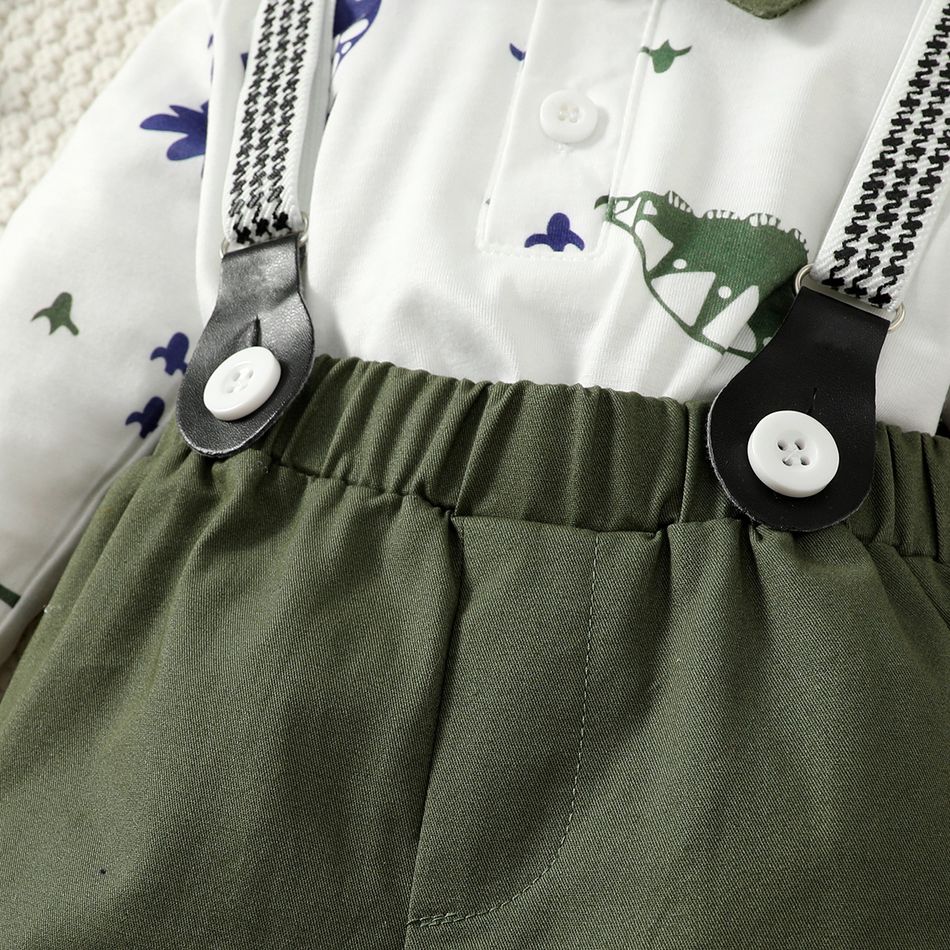 2pcs Baby Boy Allover Dinosaur Print Contrast Collar Long-sleeve Top and Suspender Pants Set Green big image 5