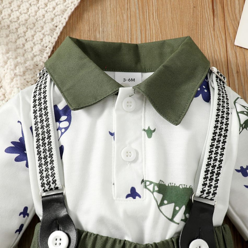 2pcs Baby Boy Allover Dinosaur Print Contrast Collar Long-sleeve Top and Suspender Pants Set Green big image 4