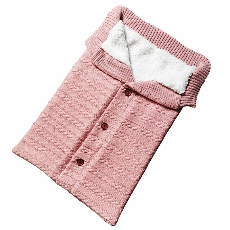 Outdoor Button Baby Knitted Sleeping Bag Thick Fleece Knit Baby Stroller Wraps Pink