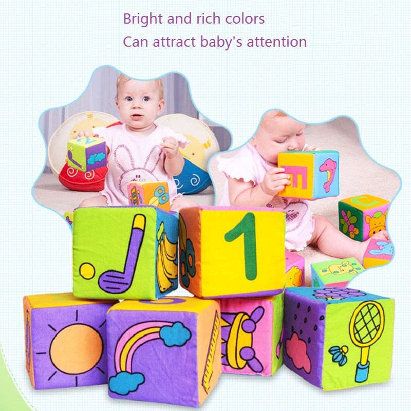 Blocos de construção de pano de bebê com 6 pacotes, chocalho macio, cubo mágico móvel, bloco de pelúcia com som, brinquedos educativos iniciais para bebês recém-nascidos colorido big image 5