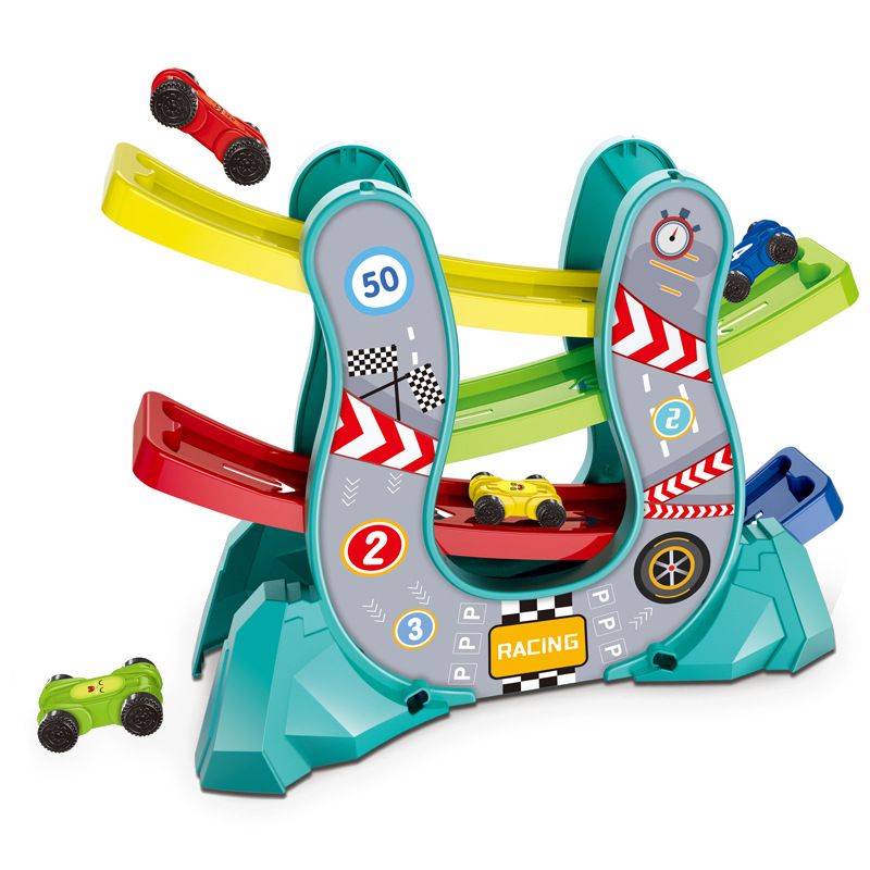 Brinquedos de corrida de rampa de carro infantil com 4 mini carros, pista de deslizamento, brinquedos de trilho montados diy para meninos e meninas Turquesa big image 1