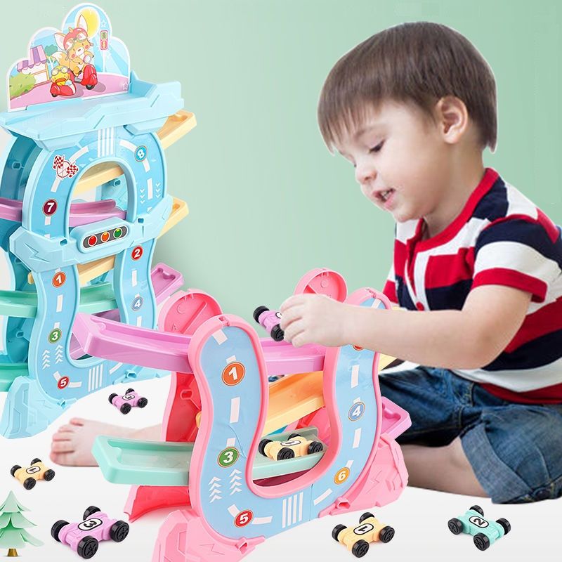 Brinquedos de corrida de rampa de carro infantil com 4 mini carros, pista de deslizamento, brinquedos de trilho montados diy para meninos e meninas Turquesa big image 7