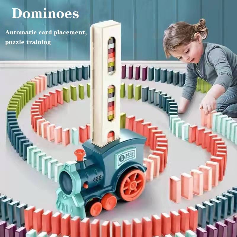 مجموعة قطار الدومينو الكهربائي للأطفال مع بناء الدومينو المحاكي لصوت القطار ولعبة التراص ، هدية لعبة تعليمية ذاتية الصنع (يجب شراء قطار كهربائي ودومينو بشكل منفصل) زهري big image 2