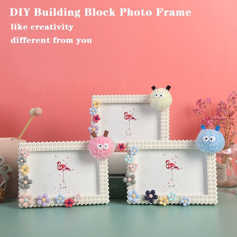 DIY Building Block Photo Frame Magical Picture Frame Toy Building Set for Babies Toddlers Kids (Random hairball color) White big image 1