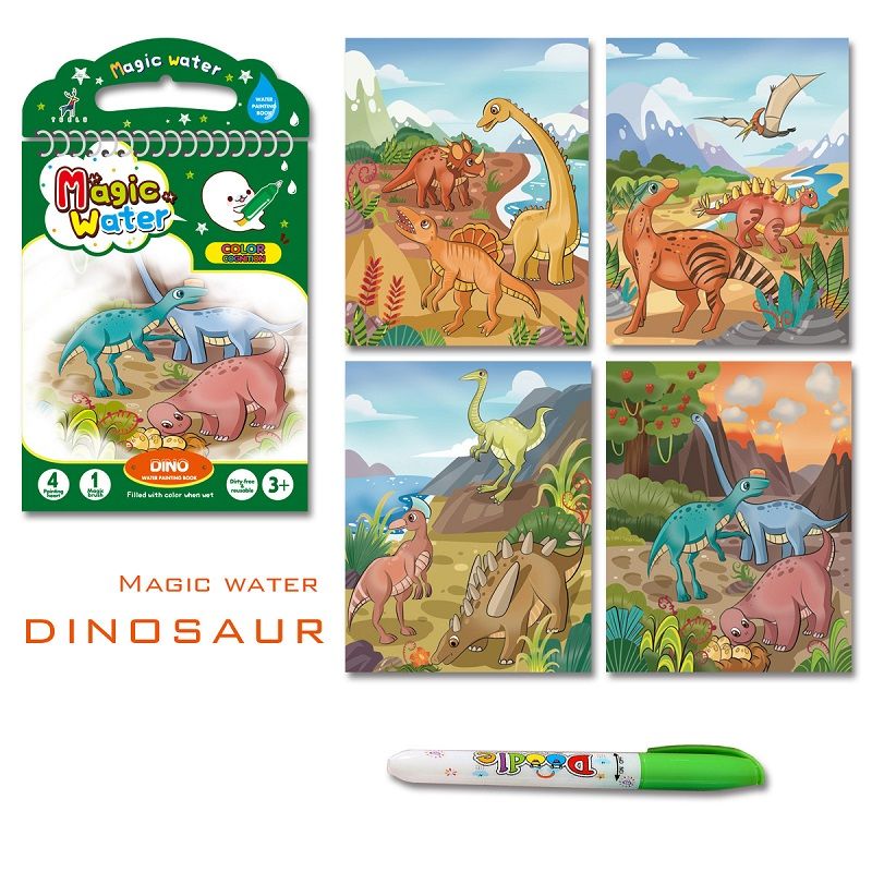 رسومات مائية سحرية للأطفال ترسم باستخدام كتاب نشاط خالٍ من الفوضى وقابل لإعادة الاستخدام بالماء (فتاة الجمال ديناصور وحيد القرن) أخضر