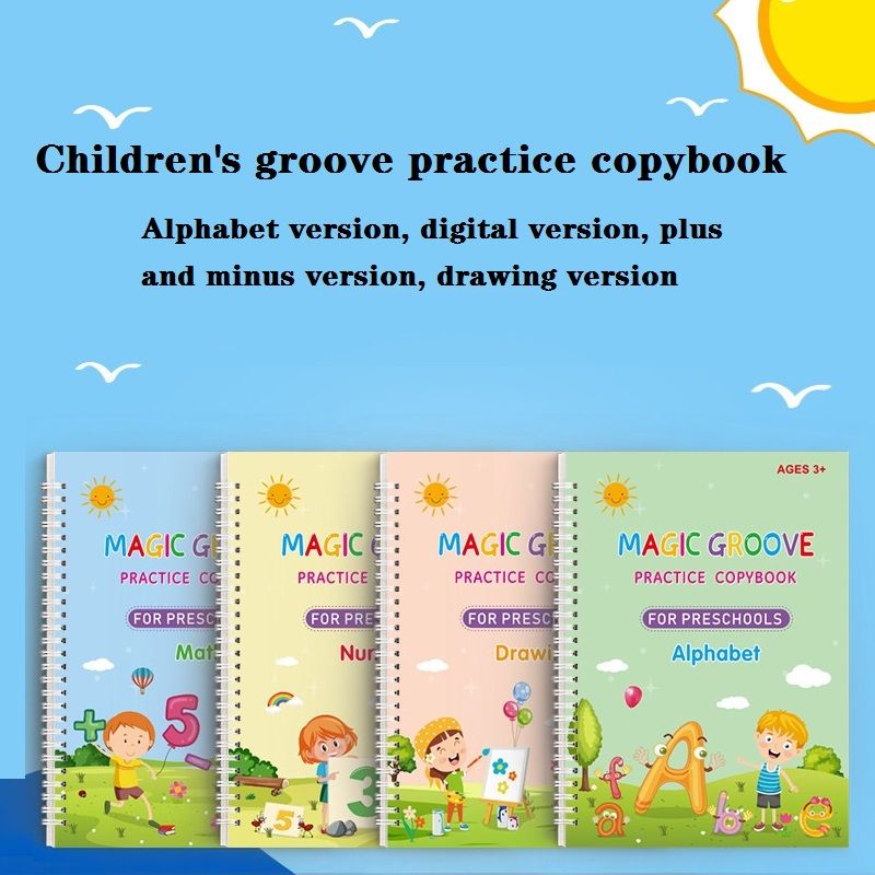 4-pack Kids Magic Reusable Practice Copybooks Grooves Template Design and Handwriting Aid with Pen (Drawing Alphabet Number Math) Multi-color big image 2