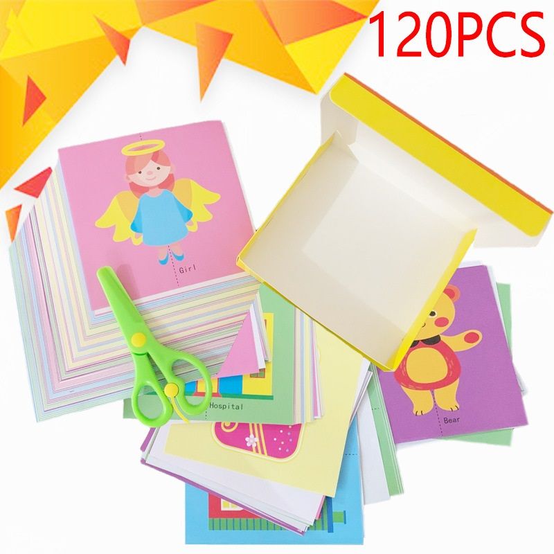 Conjunto de corte de papel divertido para crianças de 120 peças com tesoura de plástico origami kits de artesanato de tesoura de treinamento de arte de papel Multicolorido big image 2