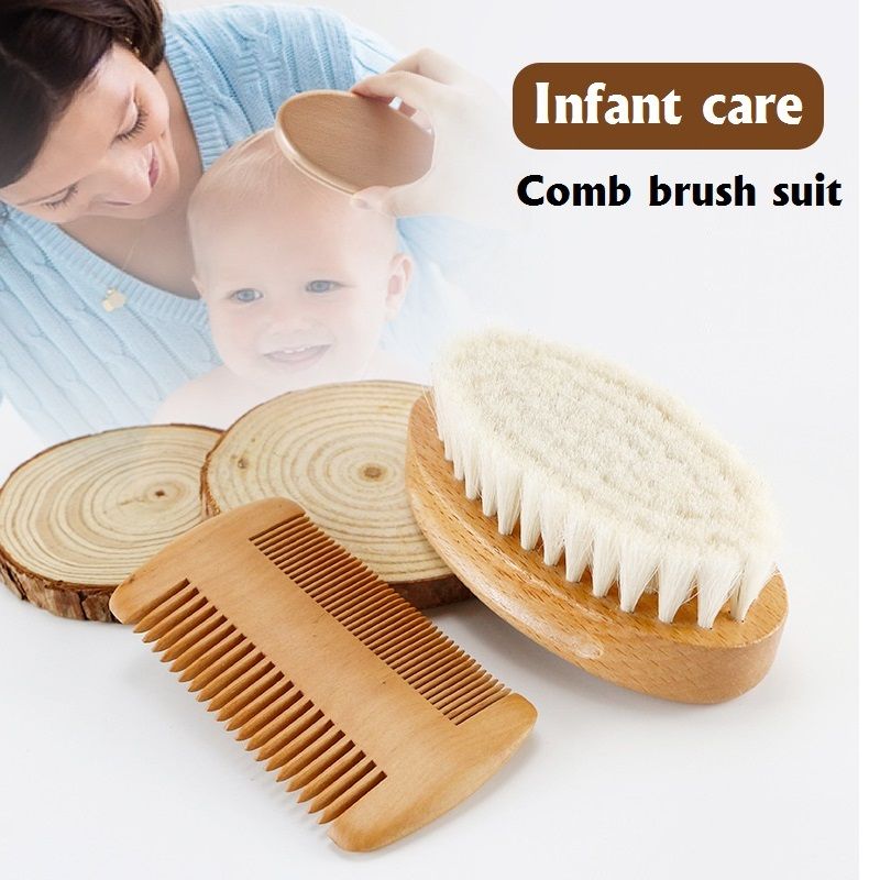 Wooden Baby Hair Brush & Pear Wood Comb Set for Newborns and Toddlers Perfect Baby Registry Gift Khaki