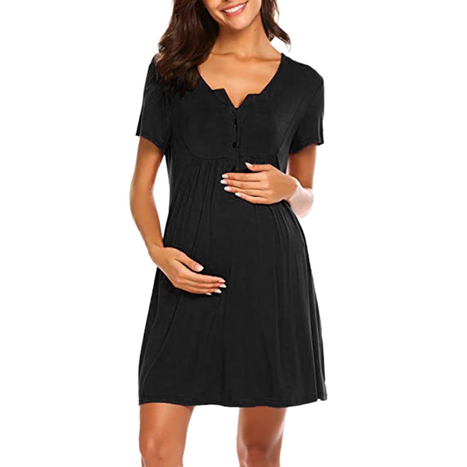 Casual Solid Short-sleeve Nursing Dress Black