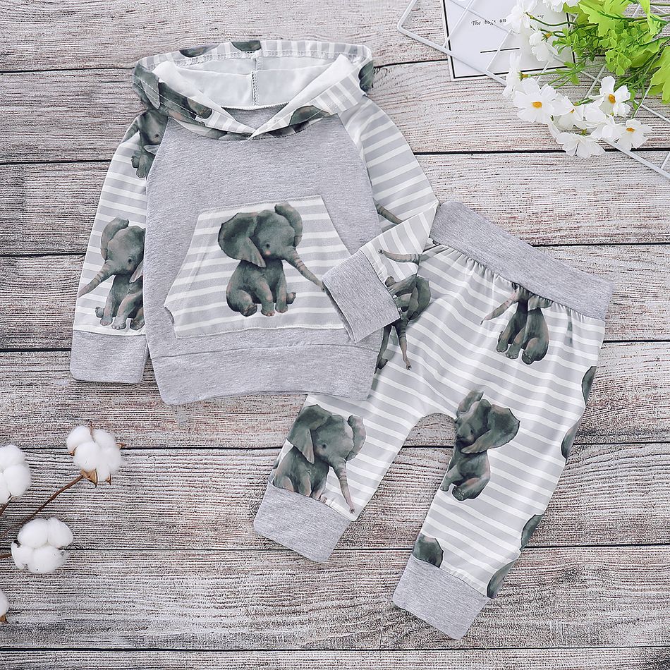 2pcs Stripe and Elephant Print Hooded Long-sleeve Baby Set Grey big image 1