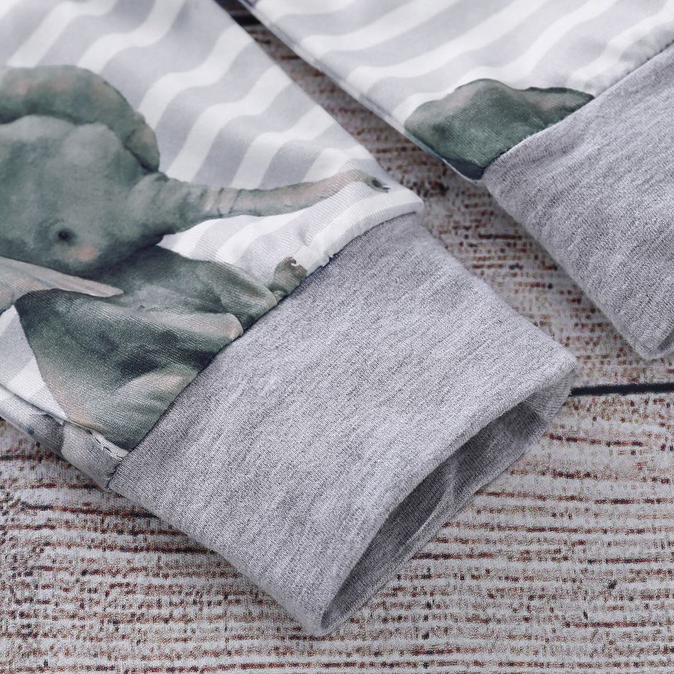 2pcs Stripe and Elephant Print Hooded Long-sleeve Baby Set Grey