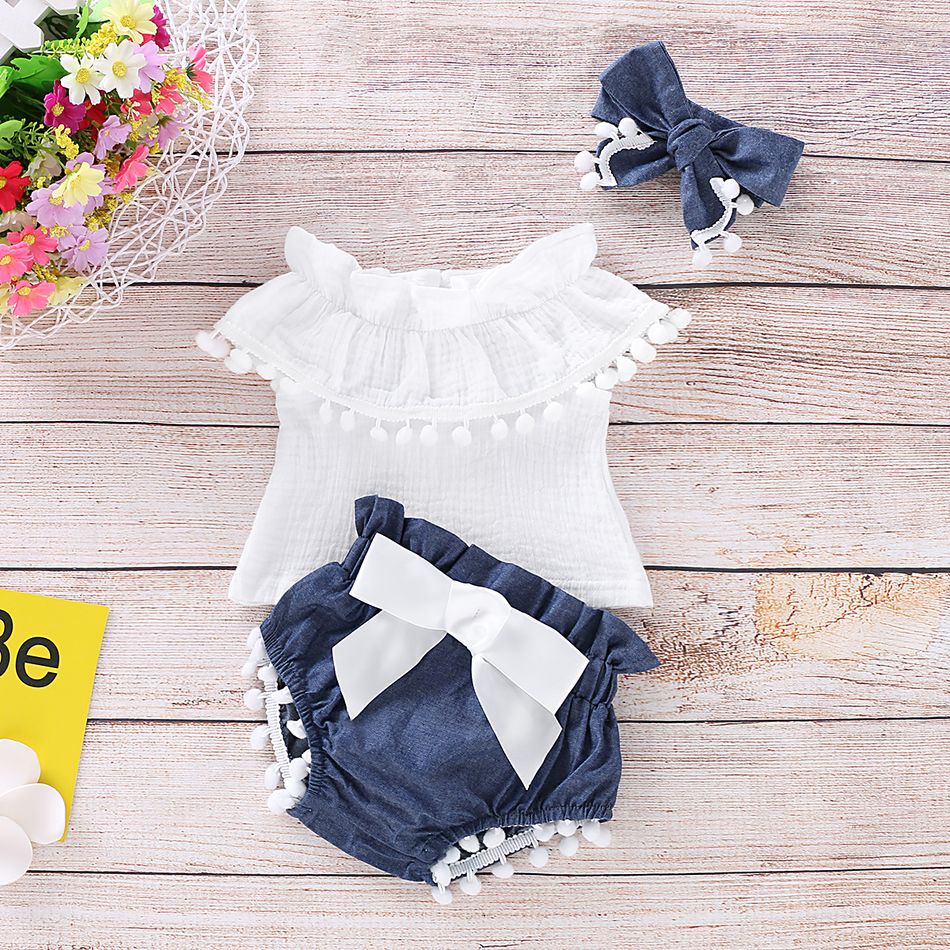 3pcs Baby Girl 95% Cotton Crepe Pompon Decor Flounced Collar Flutter-sleeve Set White big image 1