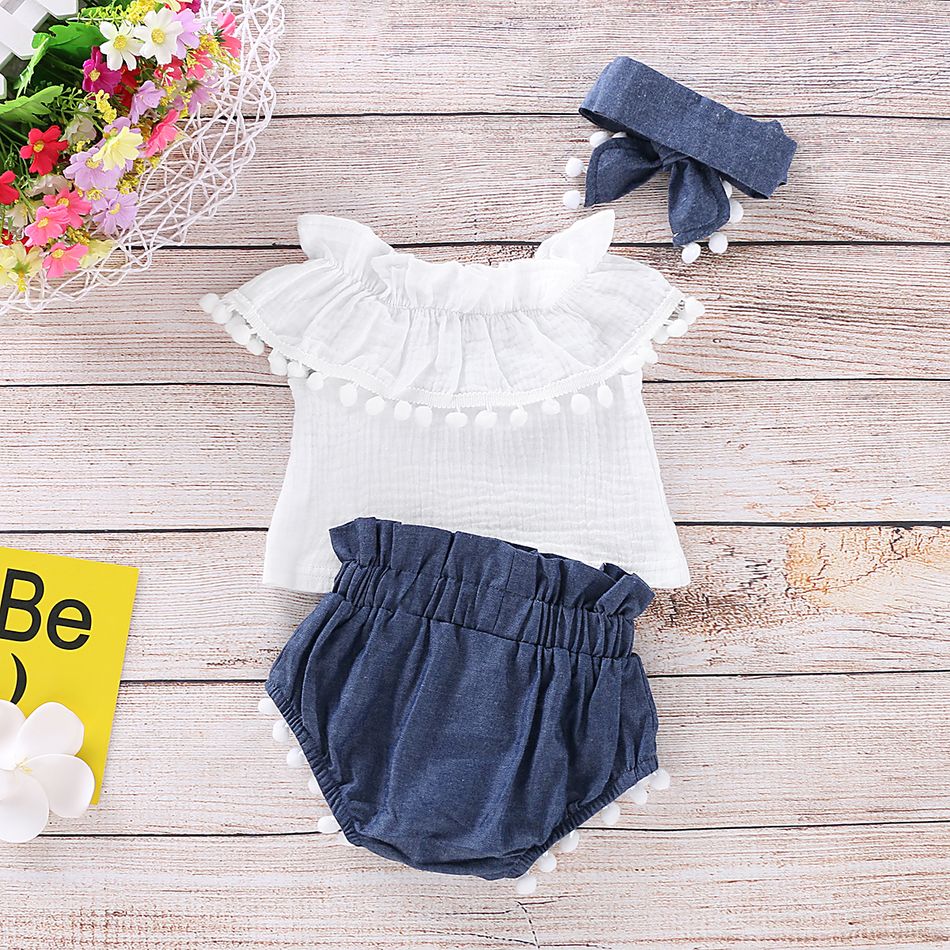 3pcs Baby Girl 95% Cotton Crepe Pompon Decor Flounced Collar Flutter-sleeve Set White big image 3