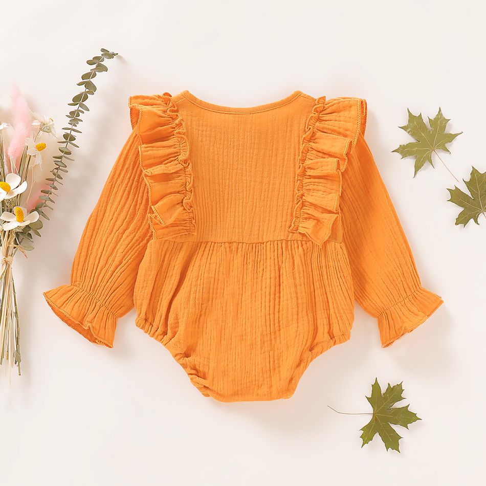 Crepe Solid Ruffle Decor Long-sleeve Baby Romper Ginger big image 5