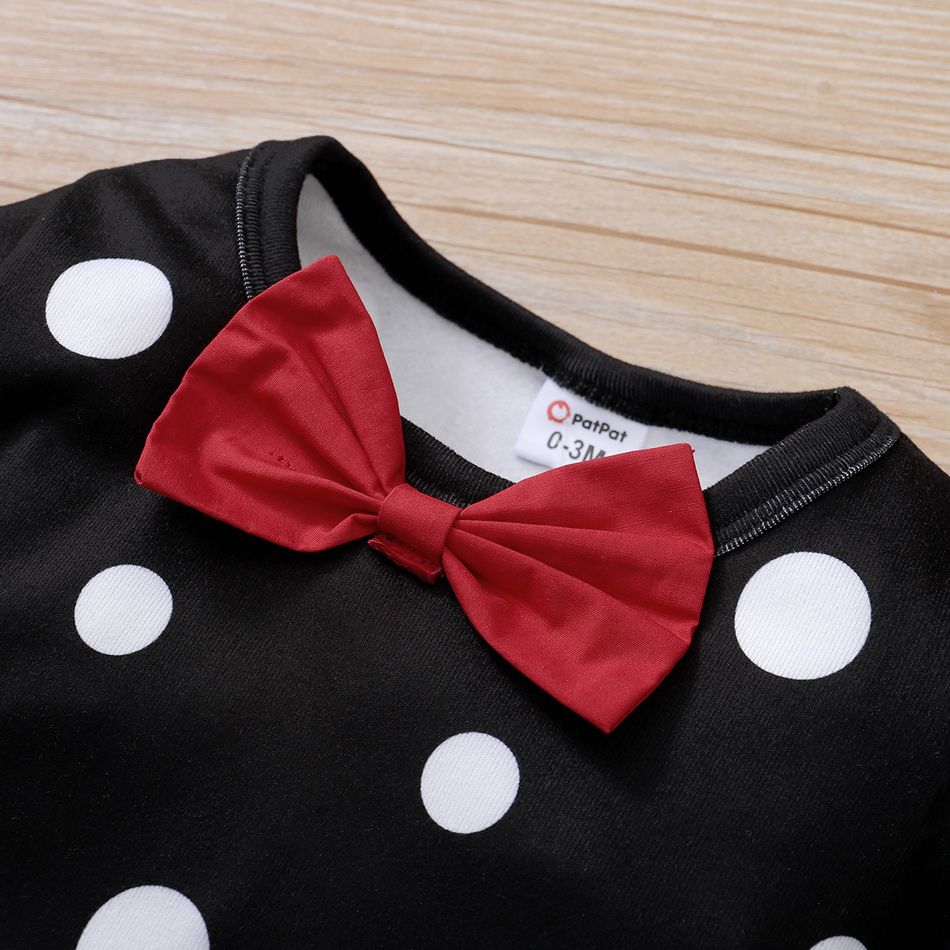 Polka Dots Print Bow Tie Decor Long-sleeve Black Baby Jumpsuit Black big image 3