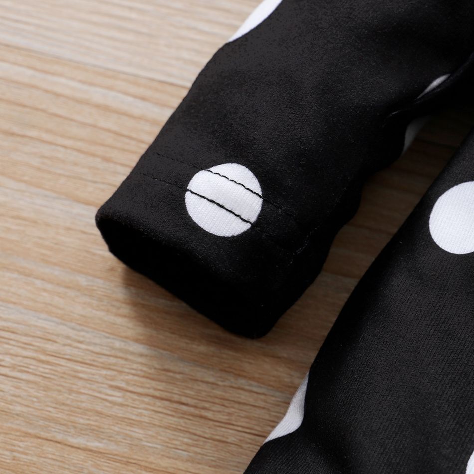 Polka Dots Print Bow Tie Decor Long-sleeve Black Baby Jumpsuit Black big image 4