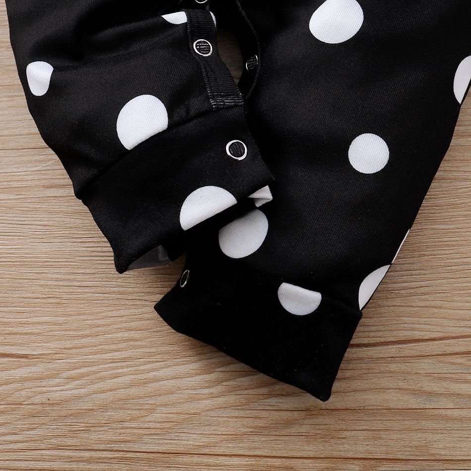 Polka Dots Print Bow Tie Decor Long-sleeve Black Baby Jumpsuit Black big image 5
