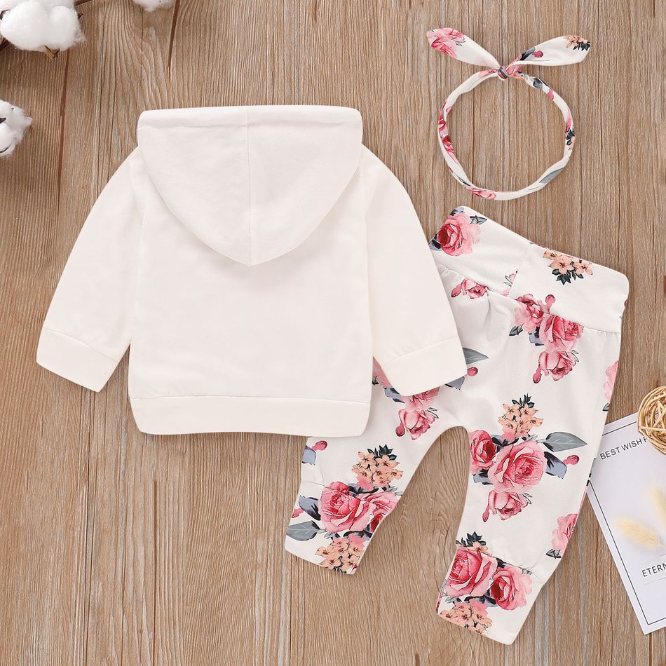 3pcs Baby Girl 95% Cotton Long-sleeve Hoodie and Floral Print Pants with Headband Set White big image 4