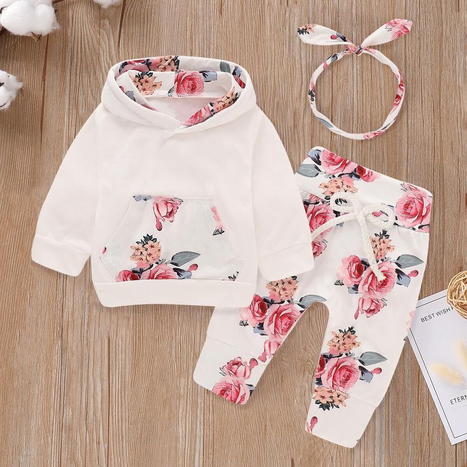3pcs Baby Girl 95% Cotton Long-sleeve Hoodie and Floral Print Pants with Headband Set White big image 1