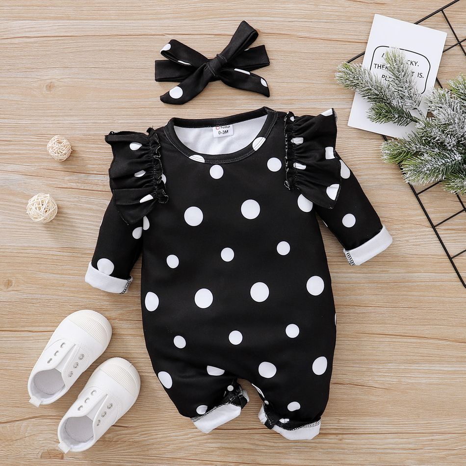 2pcs Polka Dots Print Ruffle Decor Long-sleeve Black Baby Set Black