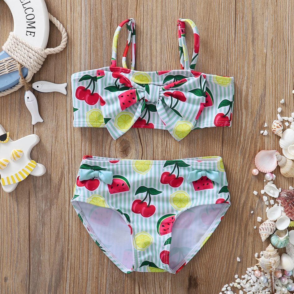 2pcs Cherry Watermelon Lemon Stripe Print Sleeveless Green and White Baby Swimsuit Green/White big image 1