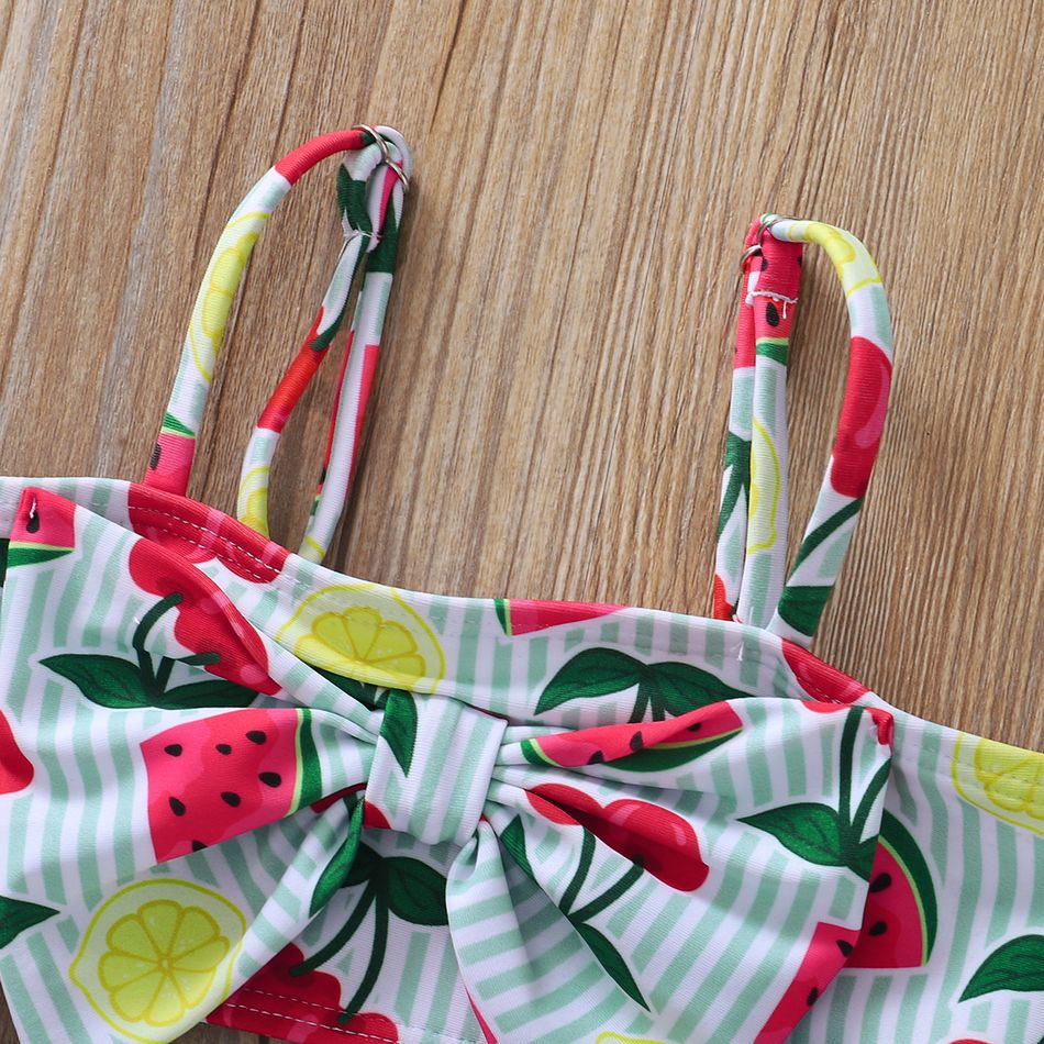 2pcs Cherry Watermelon Lemon Stripe Print Sleeveless Green and White Baby Swimsuit Green/White big image 3